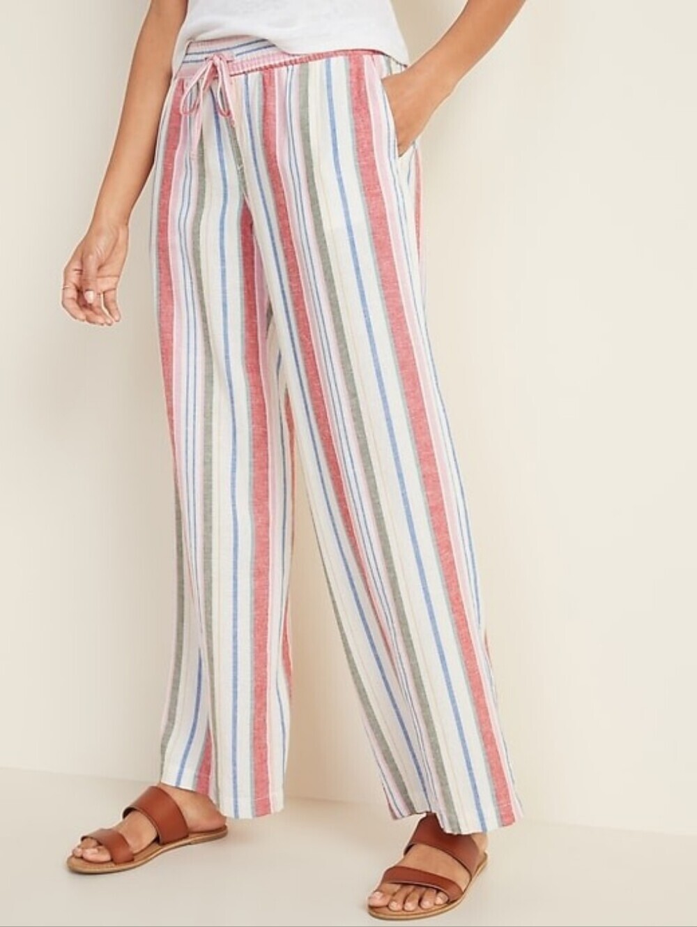 Old Navy Mid Rise Wide Leg Linen Blend Pull On Striped Pants